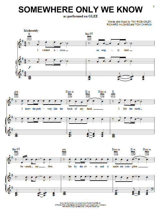 Glee Cast Somewhere Only We Know sheet music notes and chords arranged for Piano, Vocal & Guitar Chords (Right-Hand Melody)