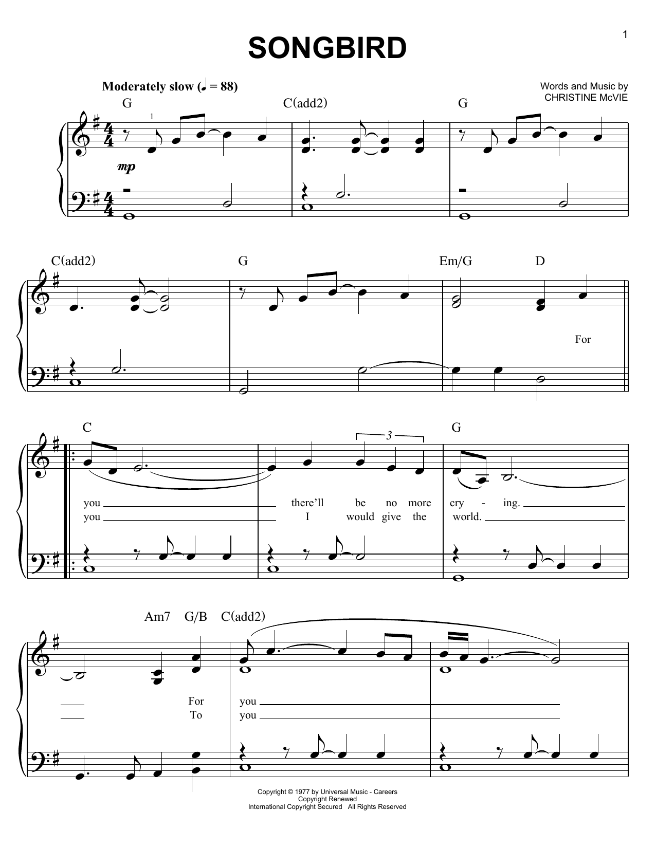 Glee Cast Songbird sheet music notes and chords arranged for Easy Piano