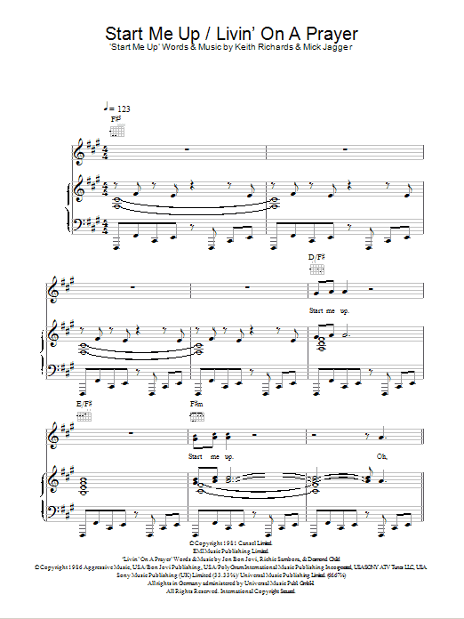 Glee Cast Start Me Up /  Livin' On A Prayer sheet music notes and chords arranged for Piano, Vocal & Guitar Chords