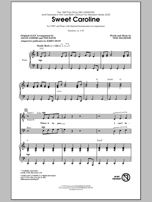 Glee Cast Sweet Caroline (Ed. Kirby Shaw) sheet music notes and chords arranged for SATB Choir
