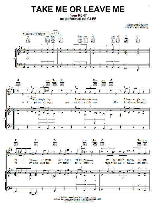 Glee Cast Take Me Or Leave Me sheet music notes and chords arranged for Easy Piano
