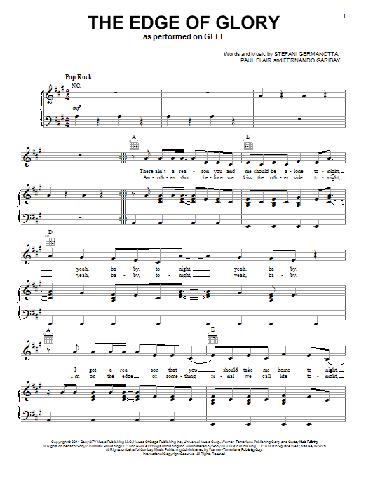 Glee Cast The Edge Of Glory sheet music notes and chords arranged for Piano, Vocal & Guitar Chords (Right-Hand Melody)