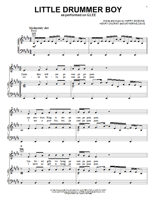 Glee Cast The Little Drummer Boy sheet music notes and chords arranged for Piano, Vocal & Guitar Chords (Right-Hand Melody)