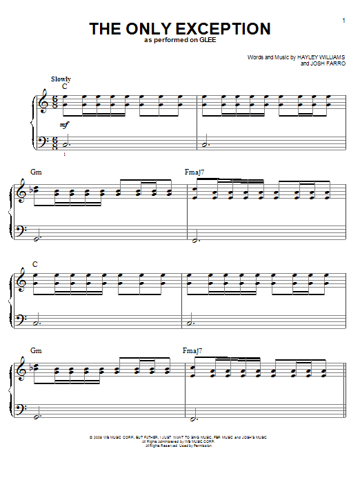 Glee Cast The Only Exception sheet music notes and chords arranged for Piano, Vocal & Guitar Chords
