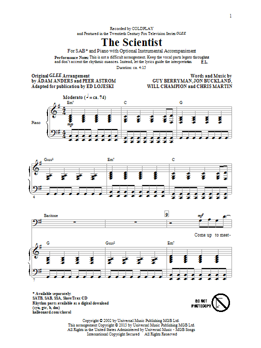 Glee Cast The Scientist (arr. Ed Lojeski) sheet music notes and chords arranged for SAB Choir