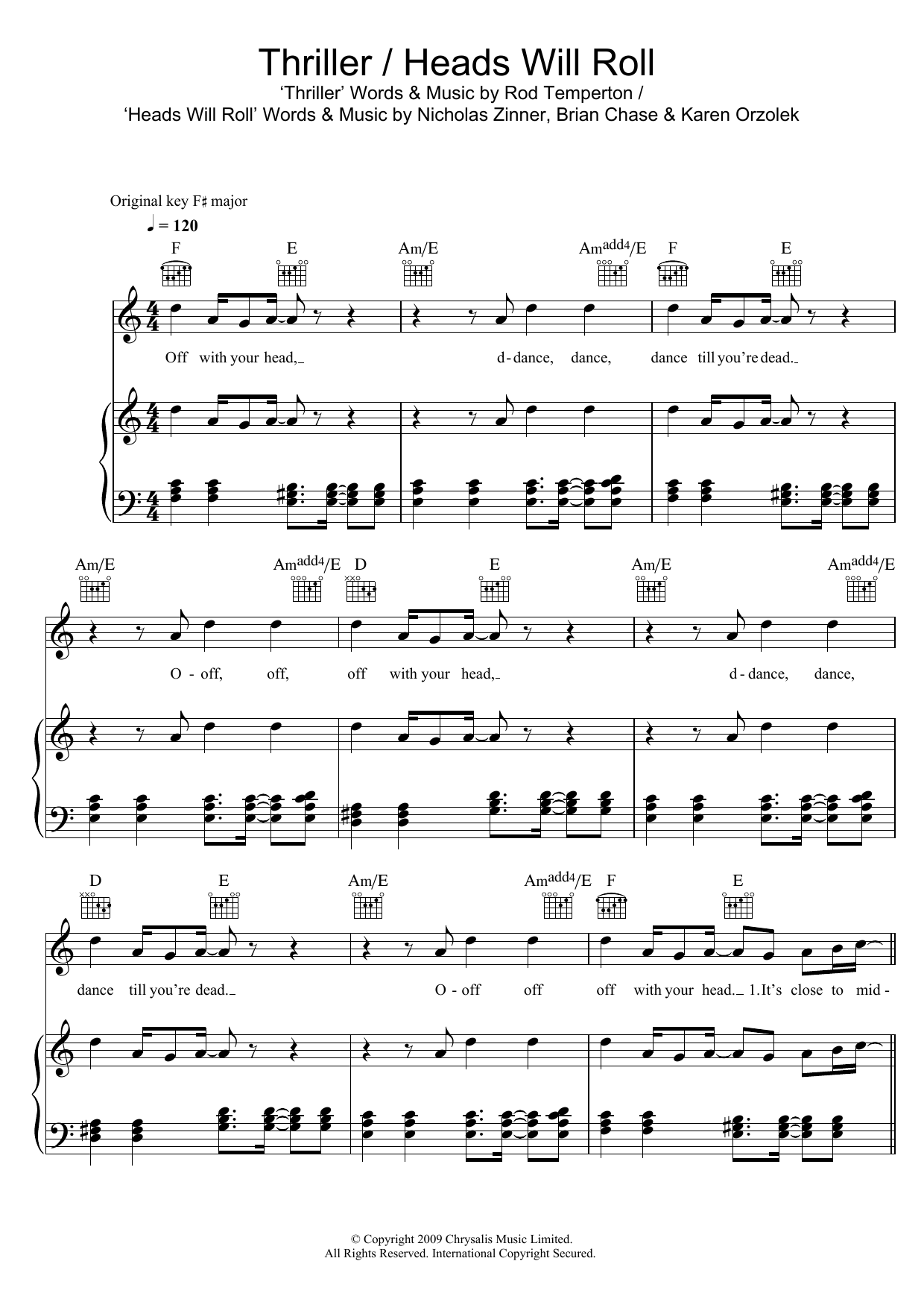 Glee Cast Thriller/Heads Will Roll sheet music notes and chords arranged for Piano, Vocal & Guitar Chords