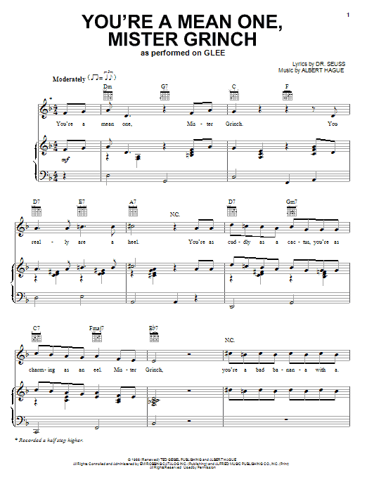 Glee Cast You're A Mean One, Mr. Grinch sheet music notes and chords arranged for Piano, Vocal & Guitar Chords (Right-Hand Melody)