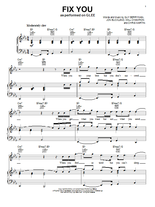 Glee Cast Fix You sheet music notes and chords arranged for Piano, Vocal & Guitar Chords (Right-Hand Melody)