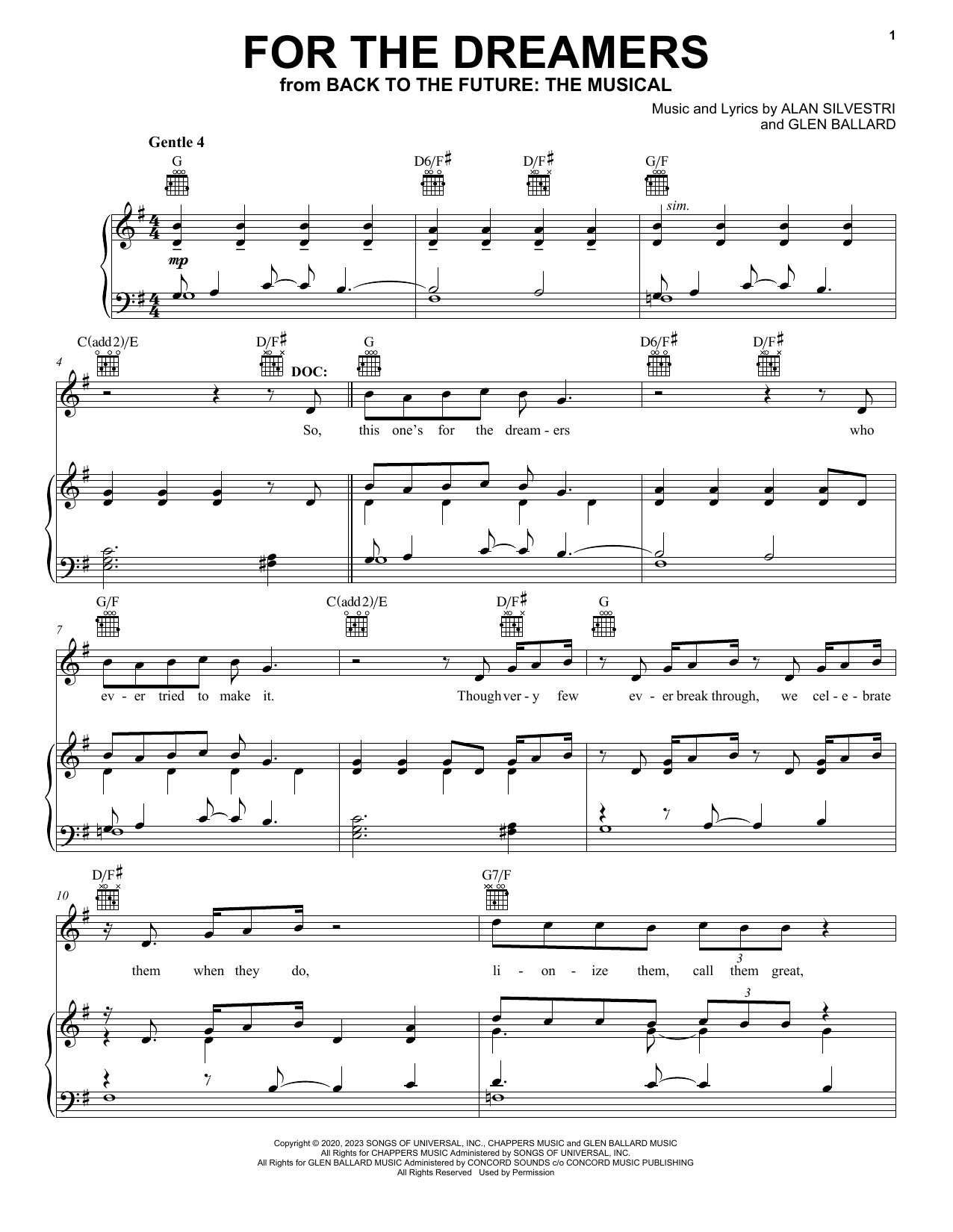 Glen Ballard and Alan Silvestri For The Dreamers (from Back To The Future: The Musical) sheet music notes and chords arranged for Piano, Vocal & Guitar Chords (Right-Hand Melody)