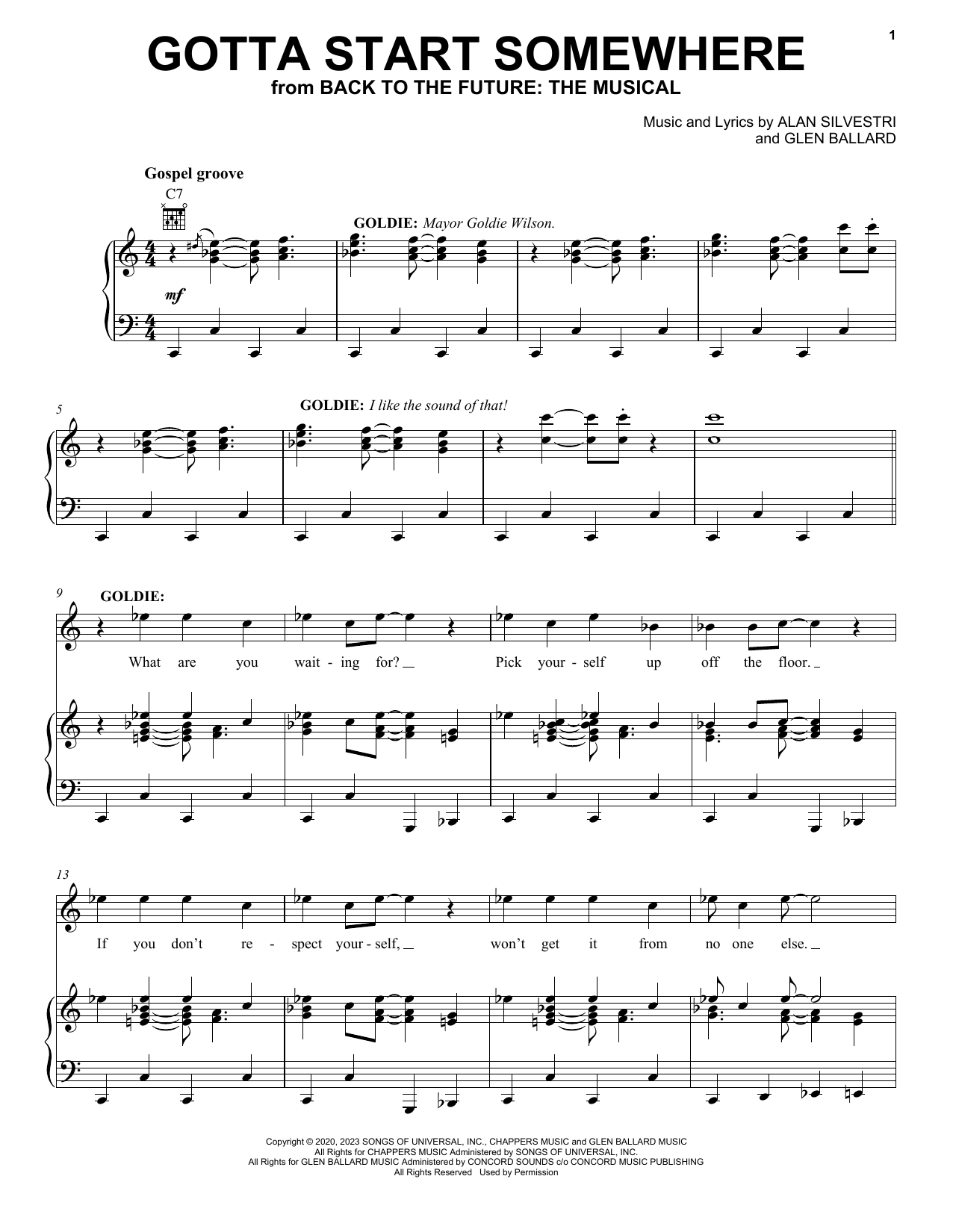 Glen Ballard and Alan Silvestri Gotta Start Somewhere (from Back To The Future: The Musical) sheet music notes and chords arranged for Piano, Vocal & Guitar Chords (Right-Hand Melody)