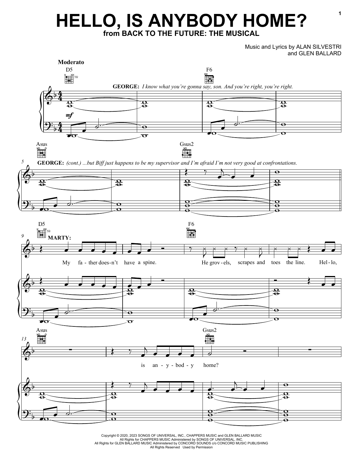 Glen Ballard and Alan Silvestri Hello, Is Anybody Home? (from Back To The Future: The Musical) sheet music notes and chords arranged for Piano, Vocal & Guitar Chords (Right-Hand Melody)