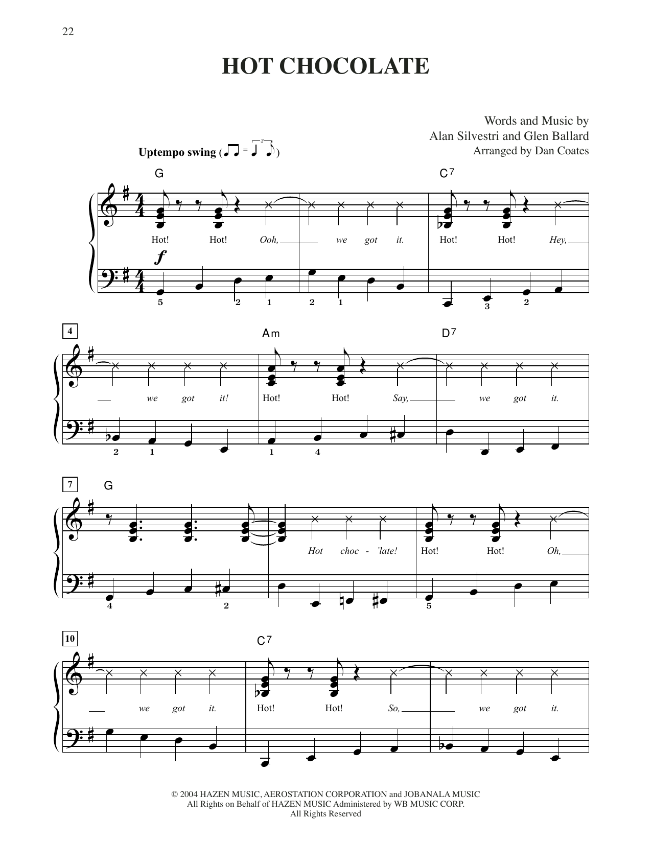 Glen Ballard and Alan Silvestri Hot Chocolate (from The Polar Express) (arr. Dan Coates) sheet music notes and chords arranged for Easy Piano