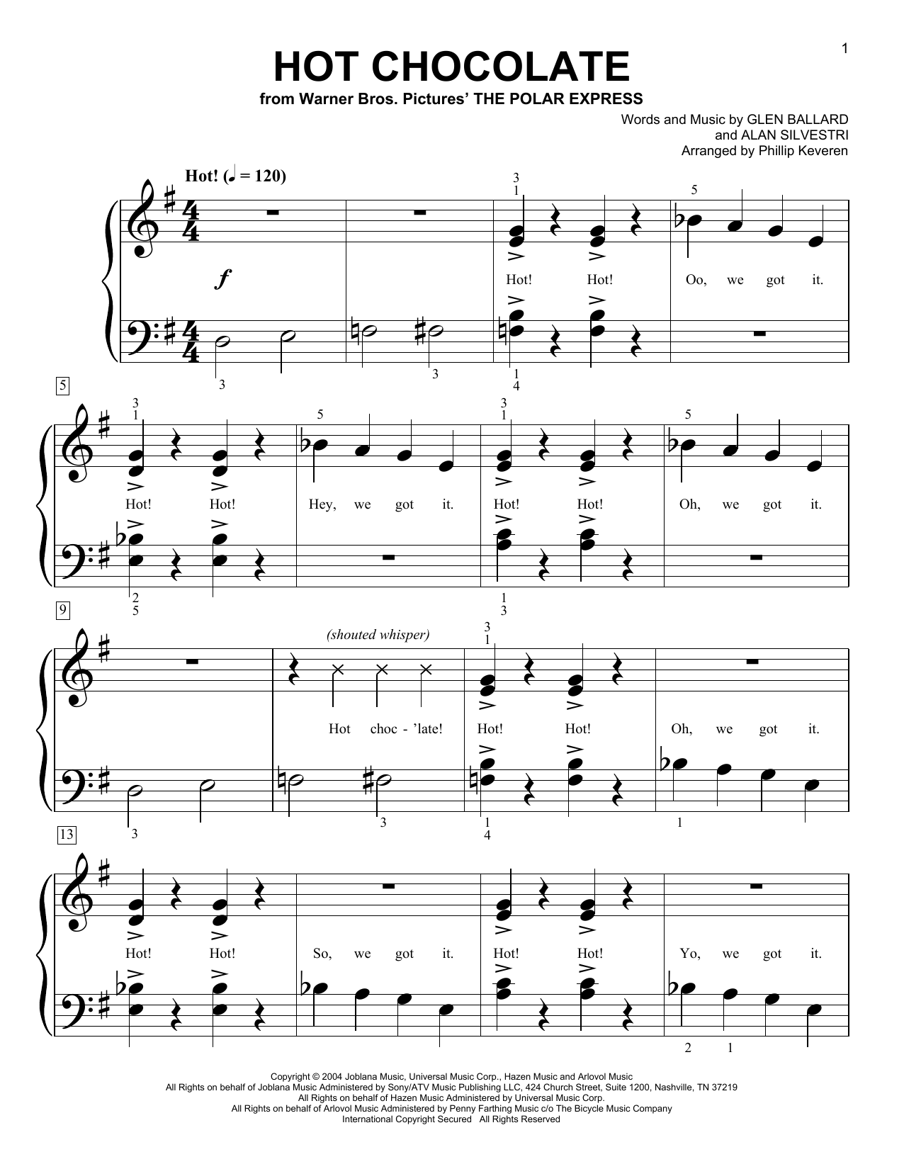 Glen Ballard and Alan Silvestri Hot Chocolate (from The Polar Express) (arr. Phillip Keveren) sheet music notes and chords arranged for Big Note Piano