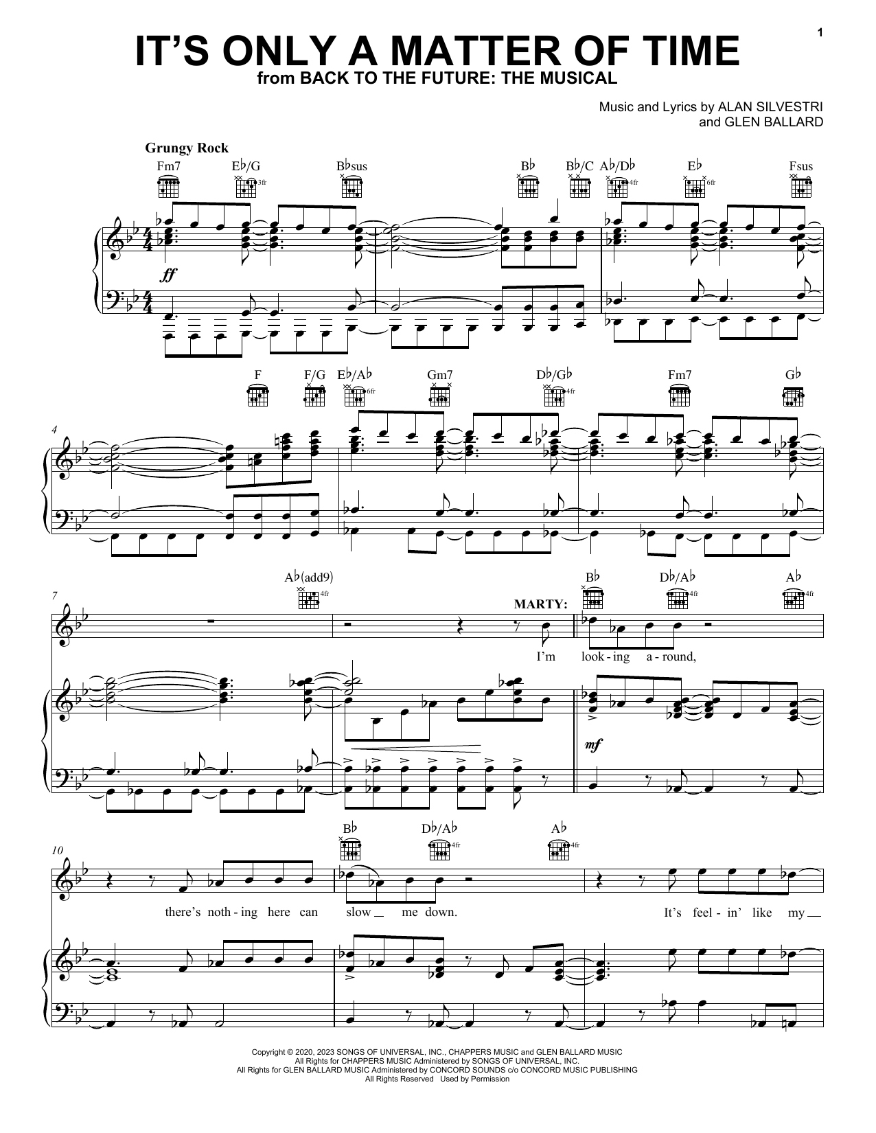 Glen Ballard and Alan Silvestri It's Only A Matter Of Time (from Back To The Future: The Musical) sheet music notes and chords arranged for Piano, Vocal & Guitar Chords (Right-Hand Melody)