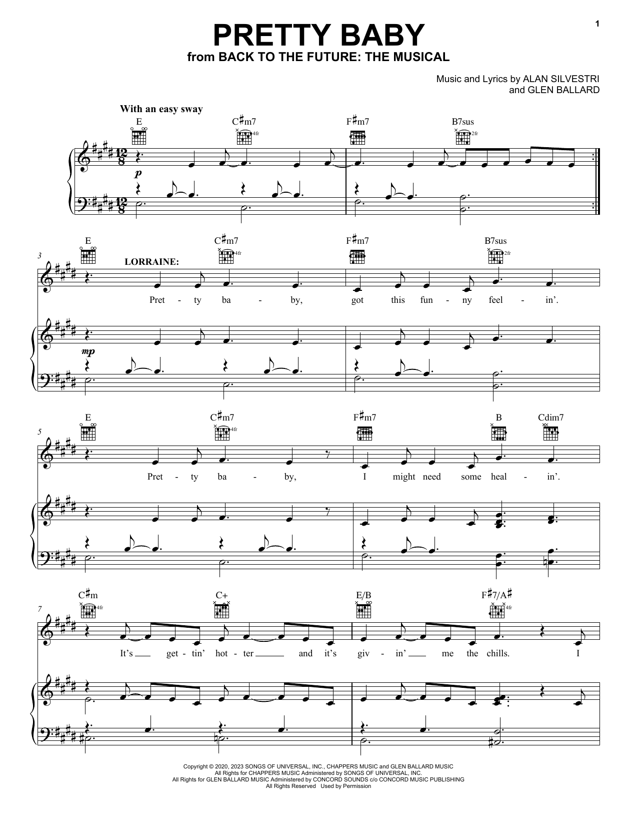 Glen Ballard and Alan Silvestri Pretty Baby (from Back To The Future: The Musical) sheet music notes and chords arranged for Piano, Vocal & Guitar Chords (Right-Hand Melody)