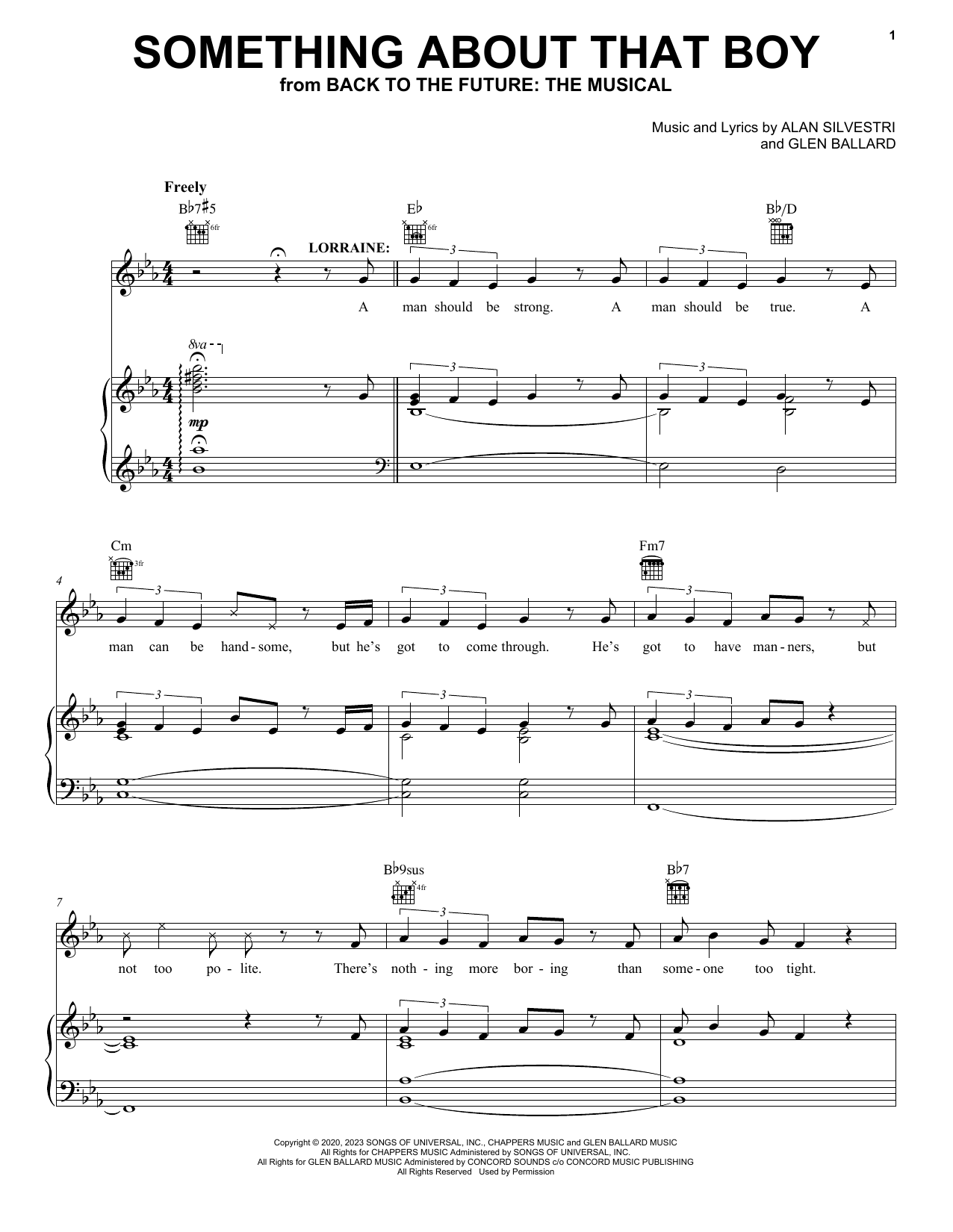 Glen Ballard and Alan Silvestri Something About That Boy (from Back To The Future: The Musical) sheet music notes and chords arranged for Piano, Vocal & Guitar Chords (Right-Hand Melody)