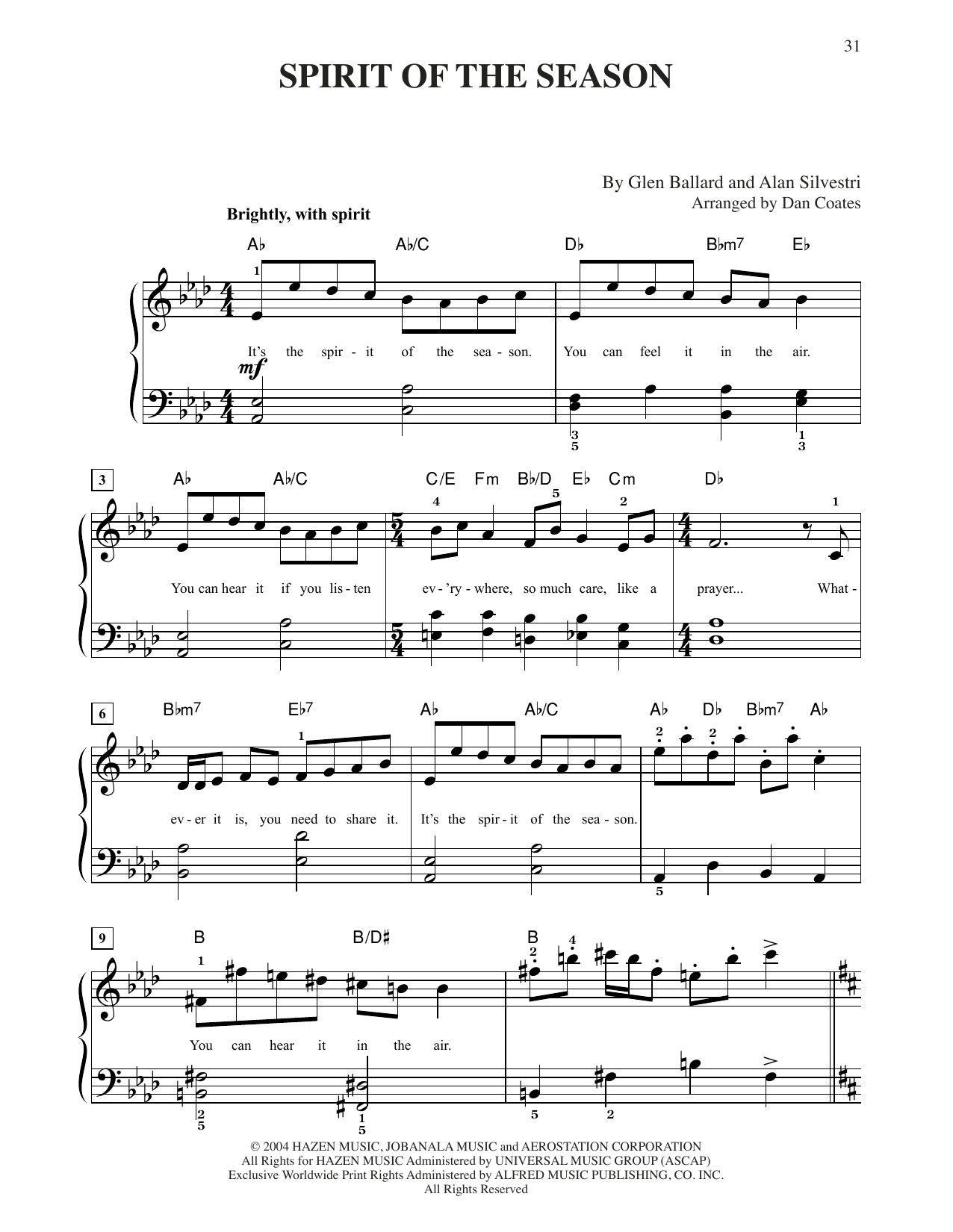 Glen Ballard and Alan Silvestri Spirit Of The Season (from The Polar Express) (arr. Dan Coates) sheet music notes and chords arranged for Easy Piano