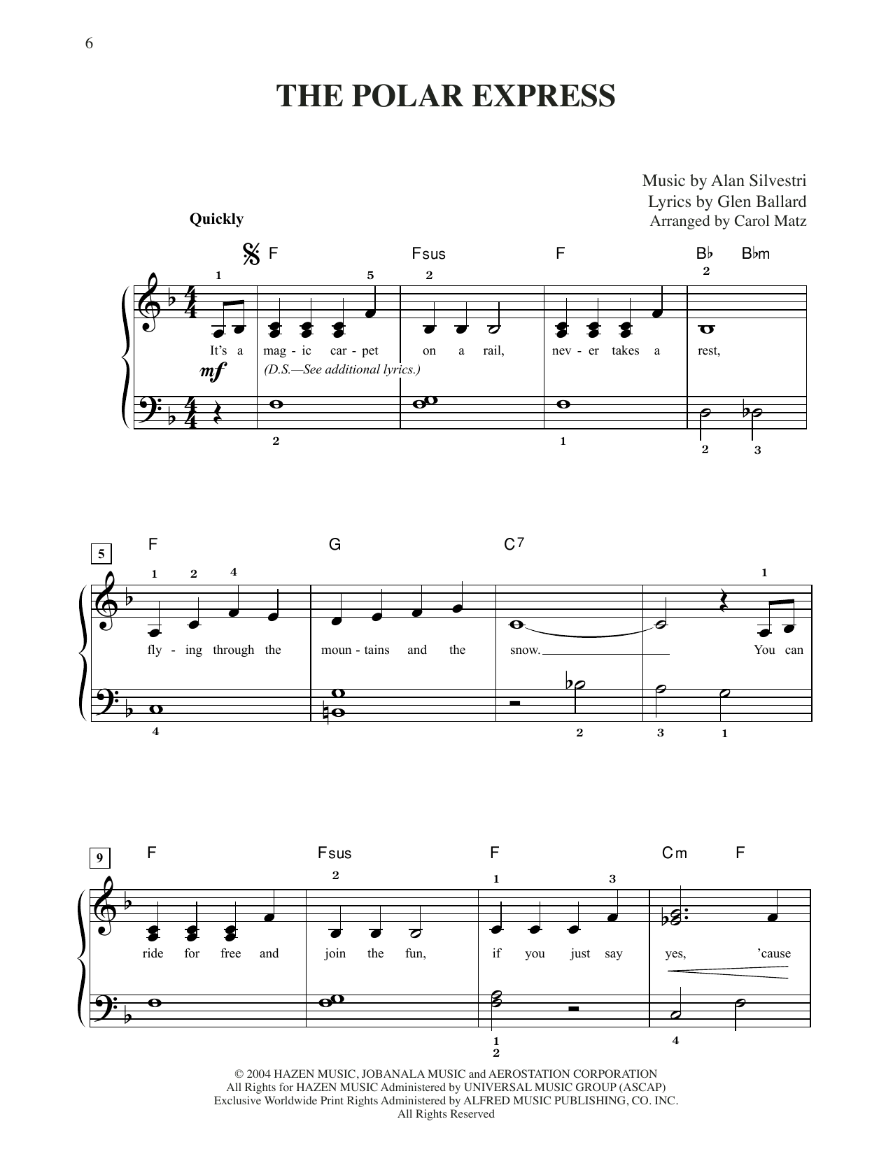 Glen Ballard and Alan Silvestri The Polar Express (arr. Carol Matz) sheet music notes and chords arranged for Big Note Piano