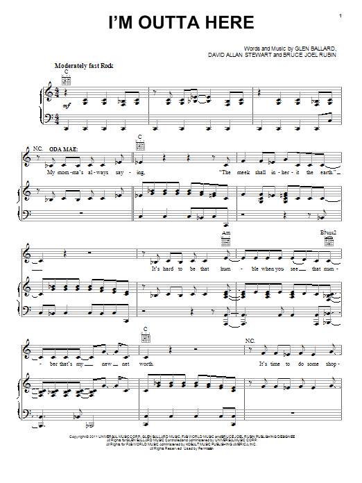 Glen Ballard I'm Outta Here sheet music notes and chords arranged for Piano, Vocal & Guitar Chords (Right-Hand Melody)