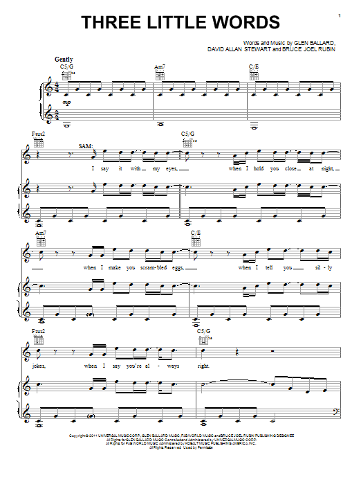 Glen Ballard Three Little Words sheet music notes and chords arranged for Piano, Vocal & Guitar Chords (Right-Hand Melody)