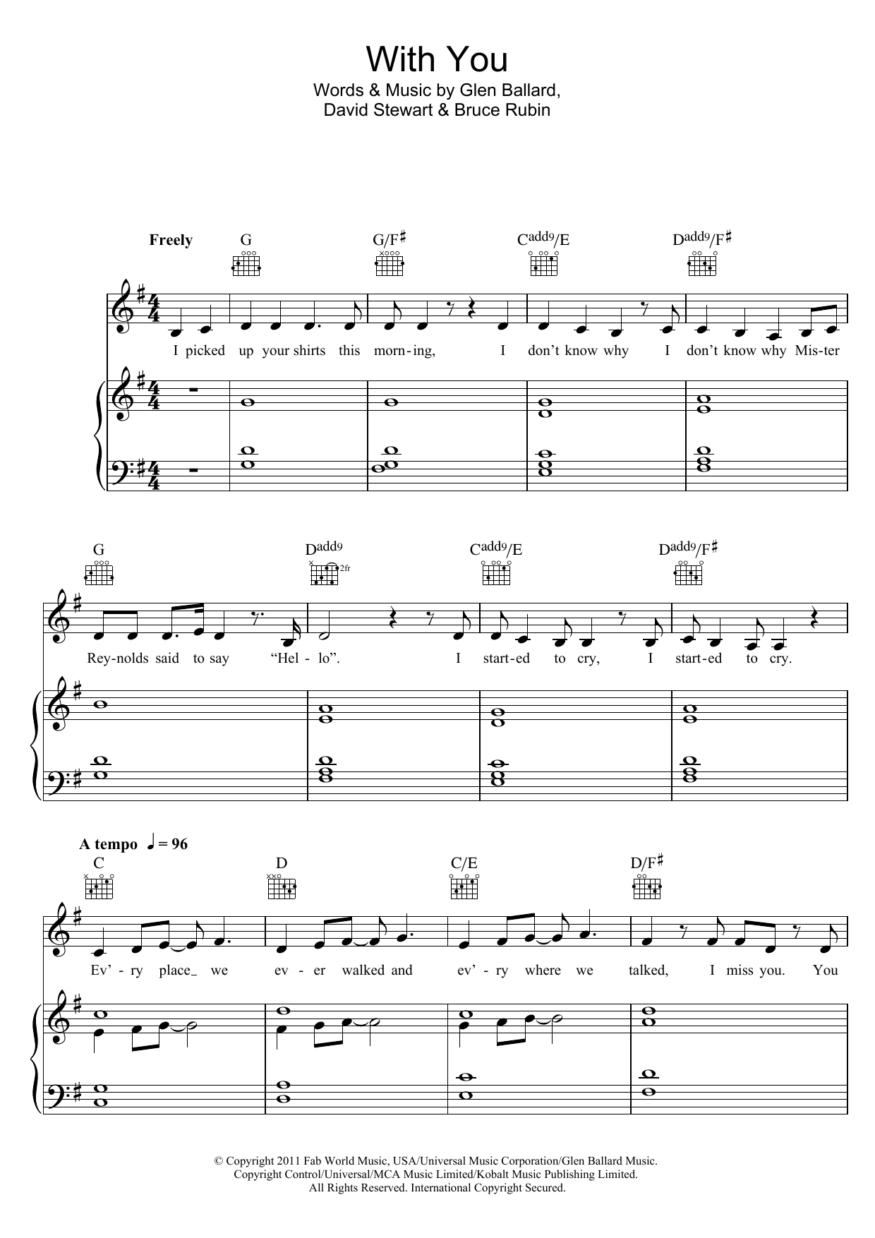 Glen Ballard With You (from Ghost The Musical) sheet music notes and chords arranged for Piano, Vocal & Guitar Chords