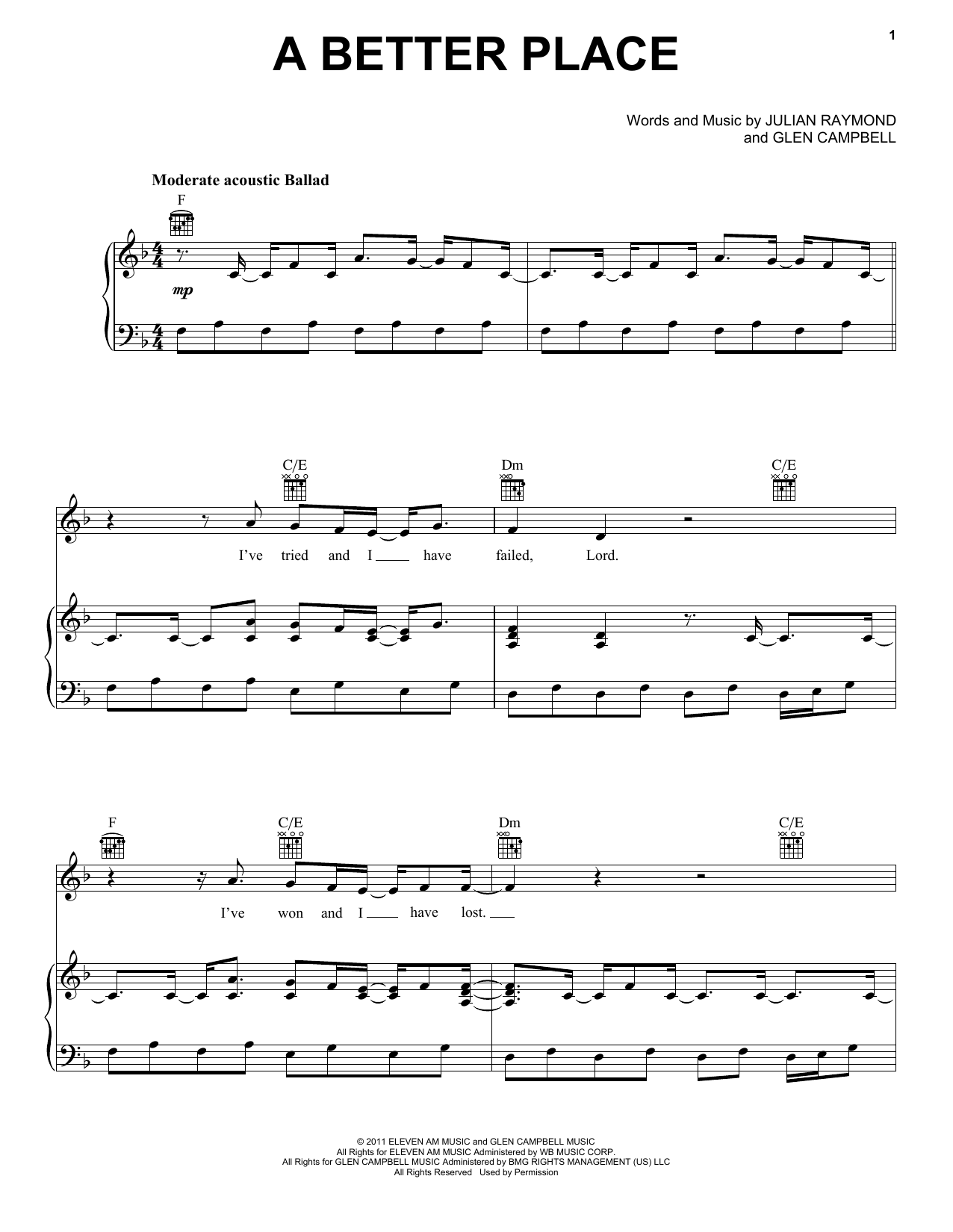 Glen Campbell A Better Place sheet music notes and chords arranged for Piano, Vocal & Guitar Chords (Right-Hand Melody)