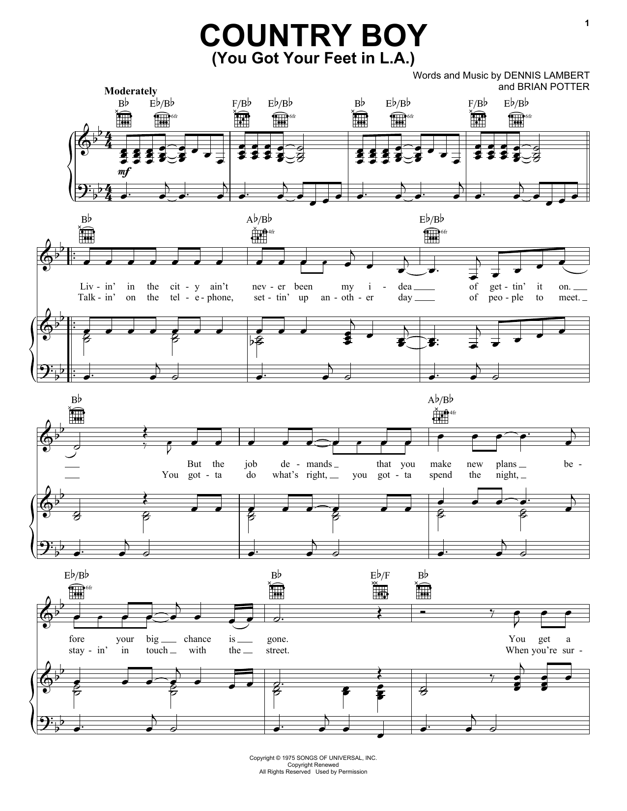 Glen Campbell Country Boy (You Got Your Feet In L.A.) sheet music notes and chords arranged for Piano, Vocal & Guitar Chords (Right-Hand Melody)