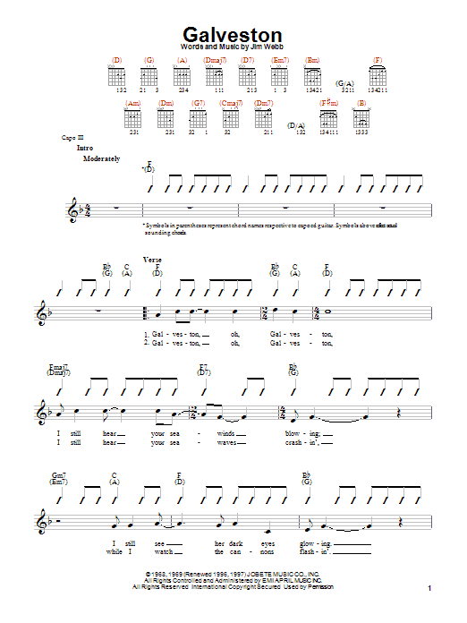 Glen Campbell Galveston sheet music notes and chords arranged for Easy Guitar