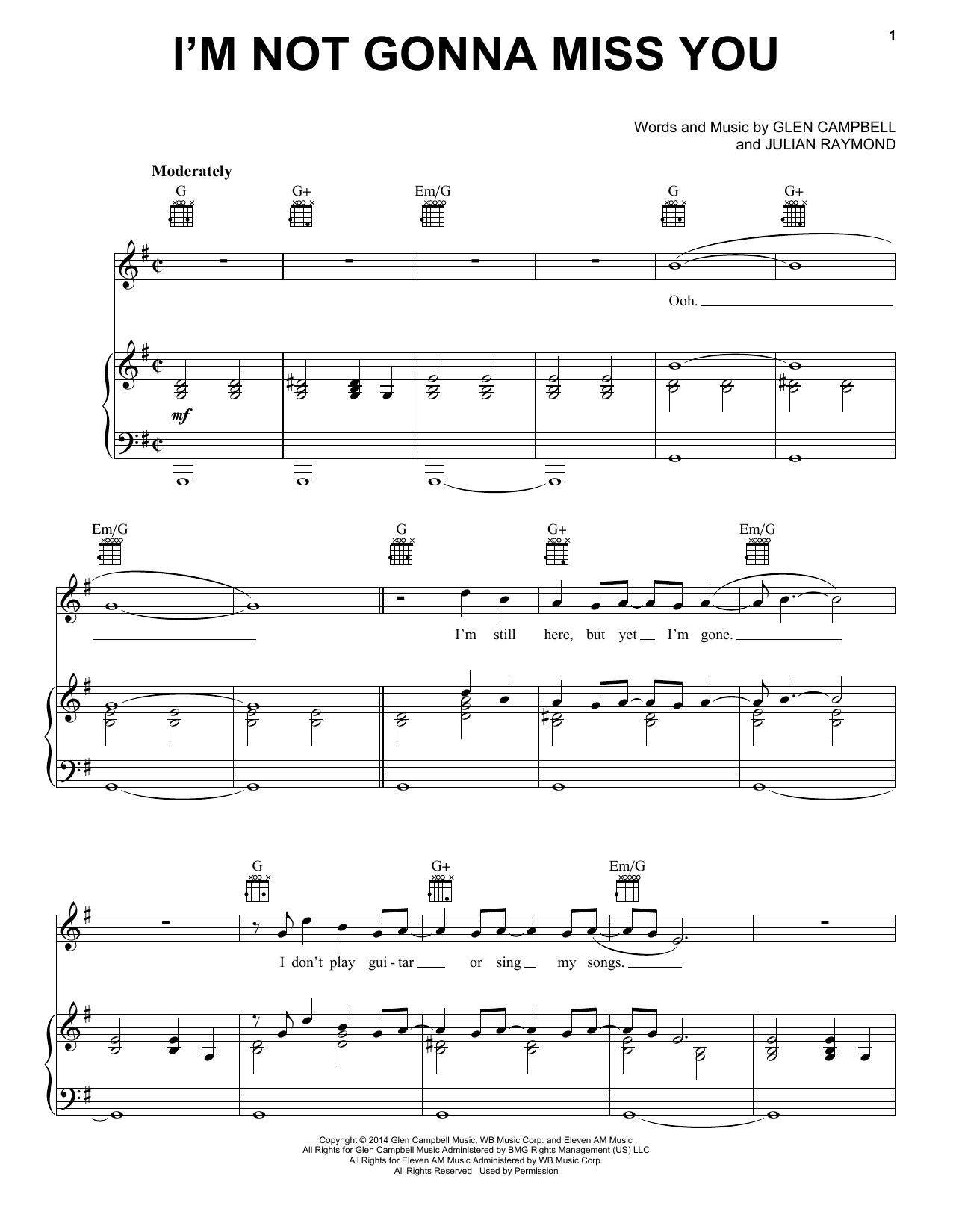 Glen Campbell I'm Not Gonna Miss You sheet music notes and chords arranged for Piano, Vocal & Guitar Chords (Right-Hand Melody)