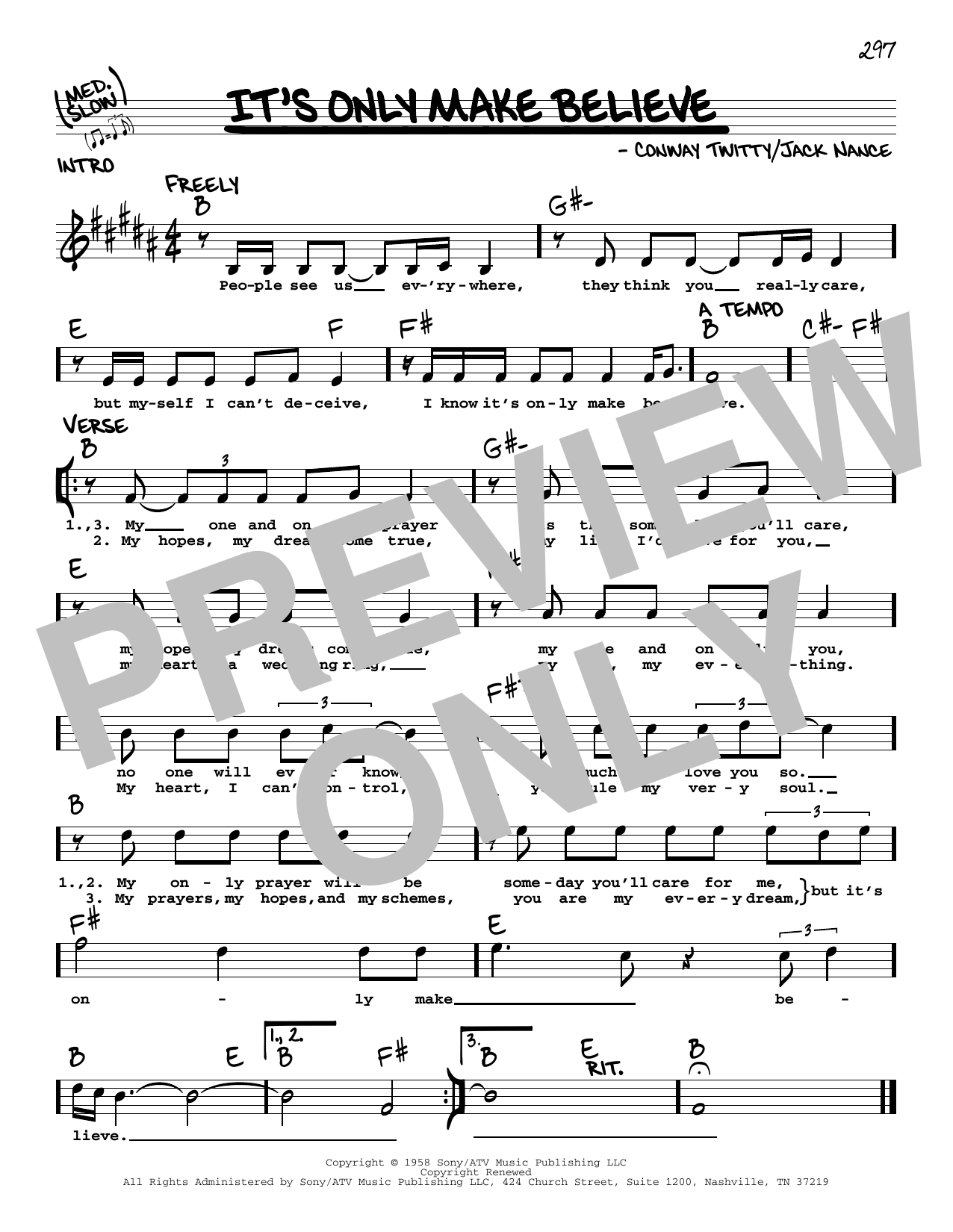 Glen Campbell It's Only Make Believe sheet music notes and chords arranged for Real Book – Melody, Lyrics & Chords