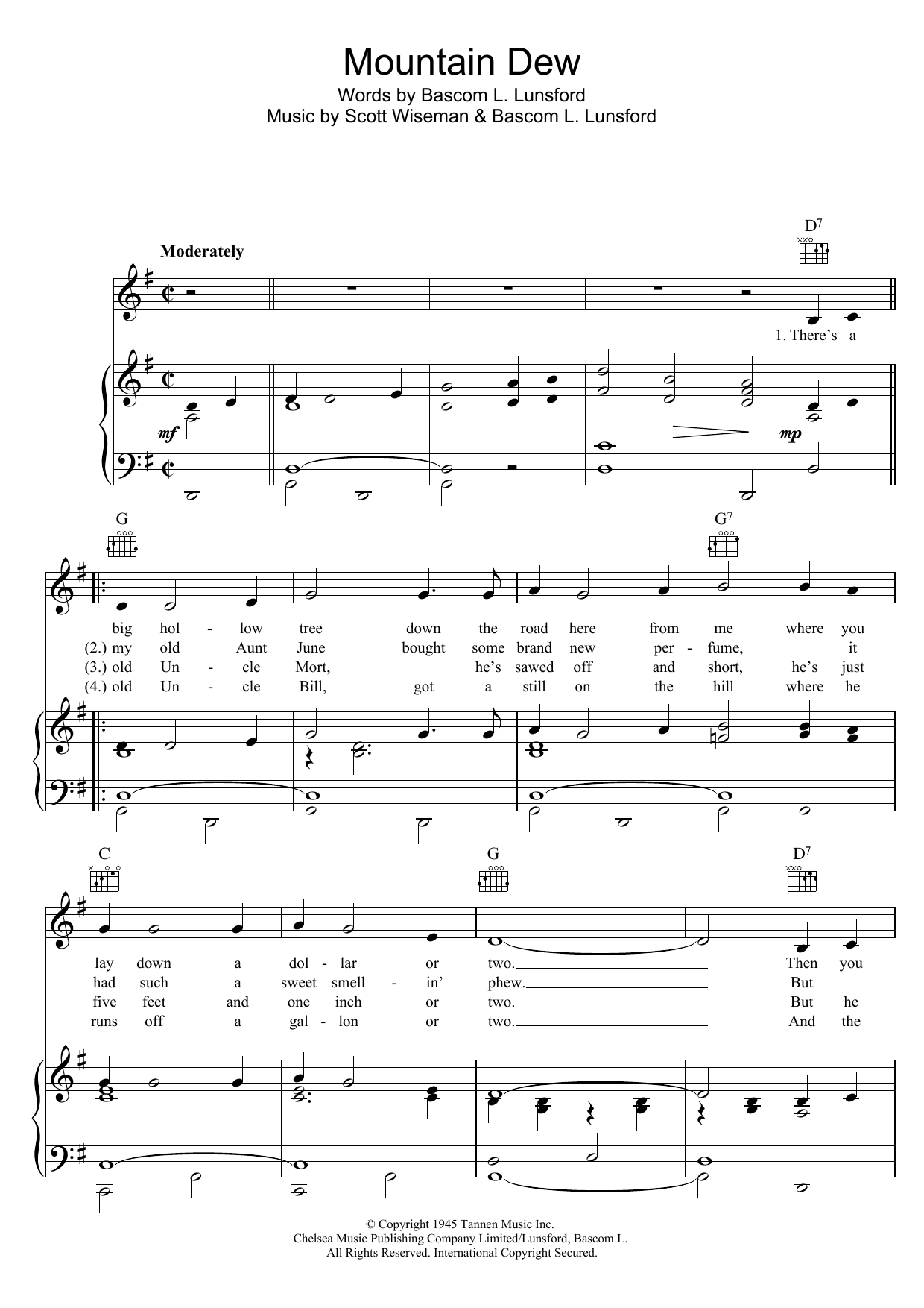 Glen Campbell Mountain Dew sheet music notes and chords arranged for Piano, Vocal & Guitar Chords