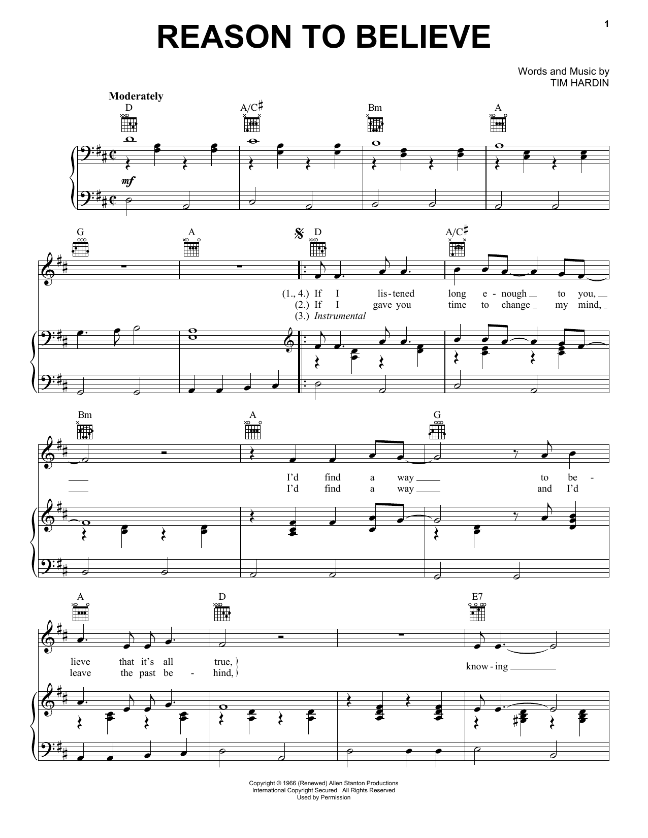 Glen Campbell Reason To Believe sheet music notes and chords arranged for Piano, Vocal & Guitar Chords (Right-Hand Melody)