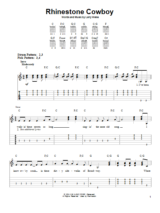 Glen Campbell Rhinestone Cowboy sheet music notes and chords arranged for Super Easy Piano