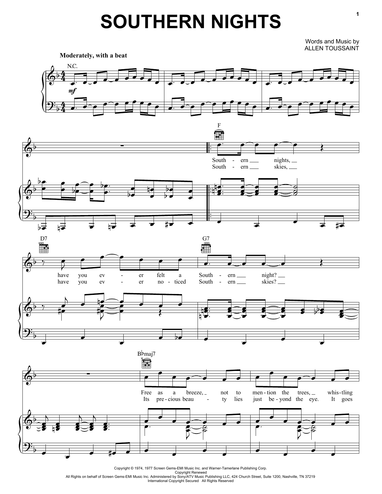 Glen Campbell Southern Nights sheet music notes and chords arranged for Real Book – Melody, Lyrics & Chords