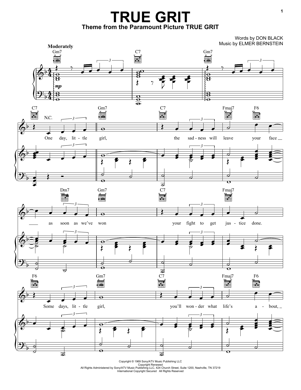 Glen Campbell True Grit sheet music notes and chords arranged for Piano, Vocal & Guitar Chords (Right-Hand Melody)