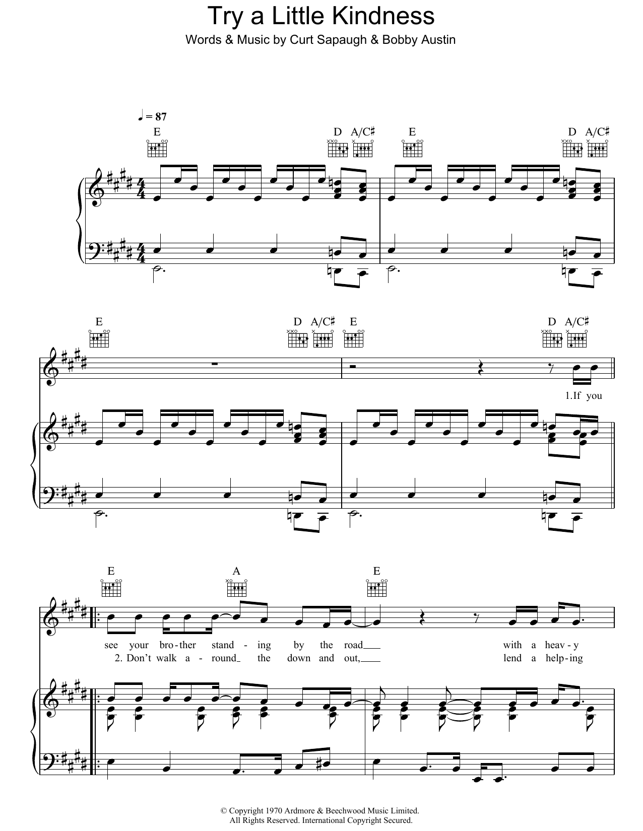 Glen Campbell Try A Little Kindness sheet music notes and chords arranged for Piano, Vocal & Guitar Chords (Right-Hand Melody)