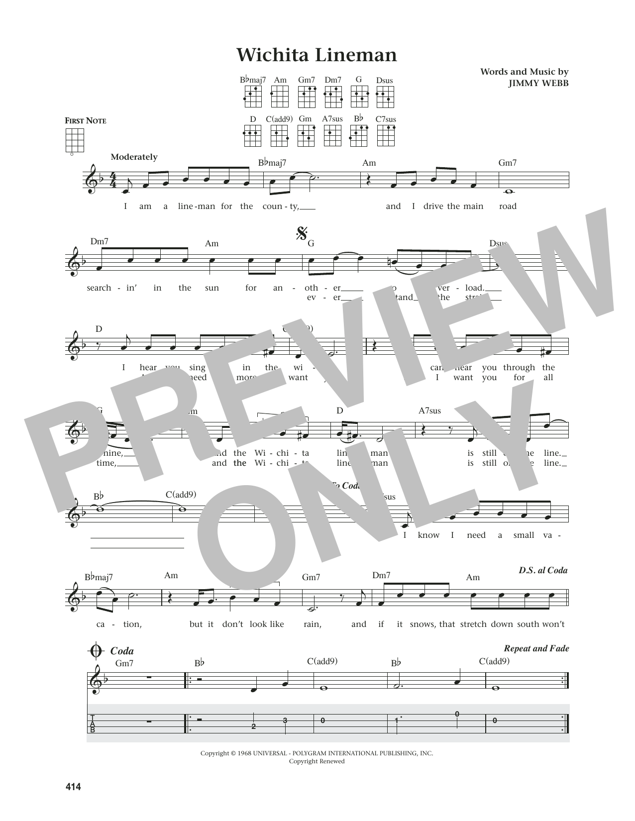 Glen Campbell Wichita Lineman (from The Daily Ukulele) (arr. Jim Beloff) sheet music notes and chords arranged for Ukulele