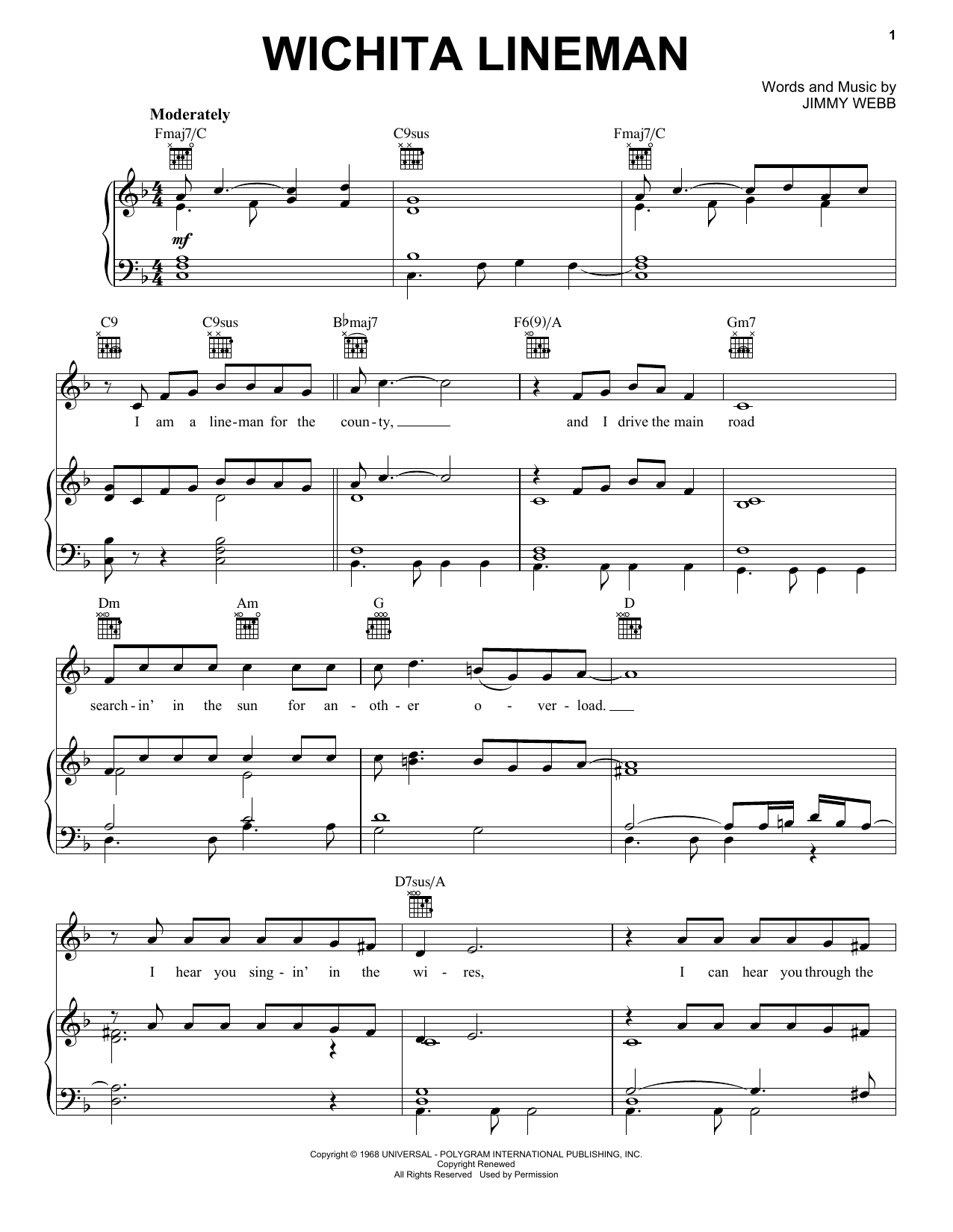 Glen Campbell Wichita Lineman sheet music notes and chords arranged for Piano, Vocal & Guitar Chords
