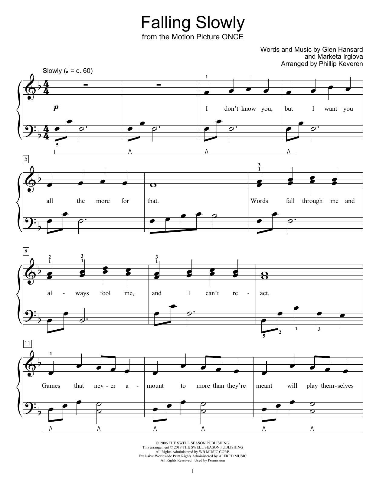Glen Hansard & Marketa Irglova Falling Slowly (from Once) (arr. Phillip Keveren) sheet music notes and chords arranged for Educational Piano