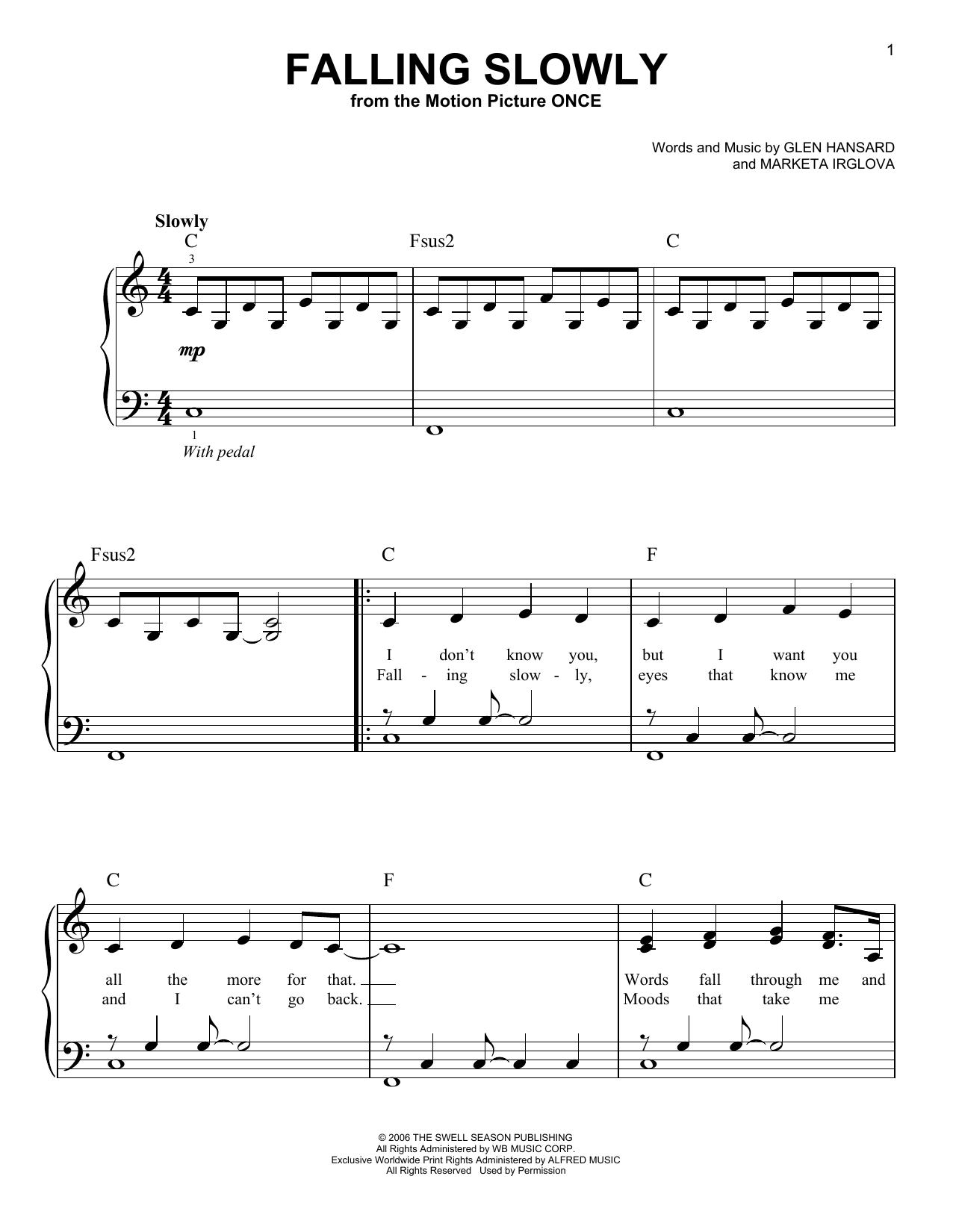 Glen Hansard & Marketa Irglova Falling Slowly (from Once) sheet music notes and chords arranged for Piano Solo