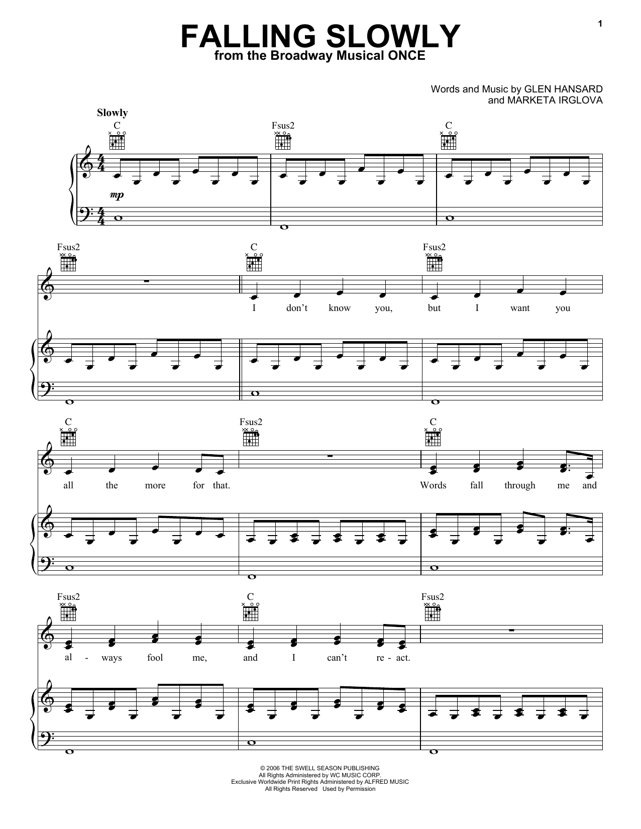 Glen Hansard & Marketa Irglova Falling Slowly (from the musical Once) sheet music notes and chords arranged for Lead Sheet / Fake Book