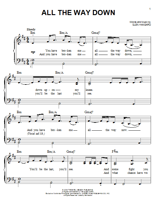 Glen Hansard All The Way Down sheet music notes and chords arranged for Easy Piano