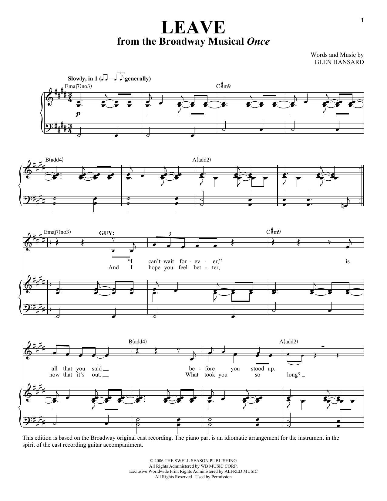 Glen Hansard Leave sheet music notes and chords arranged for Vocal Pro + Piano/Guitar