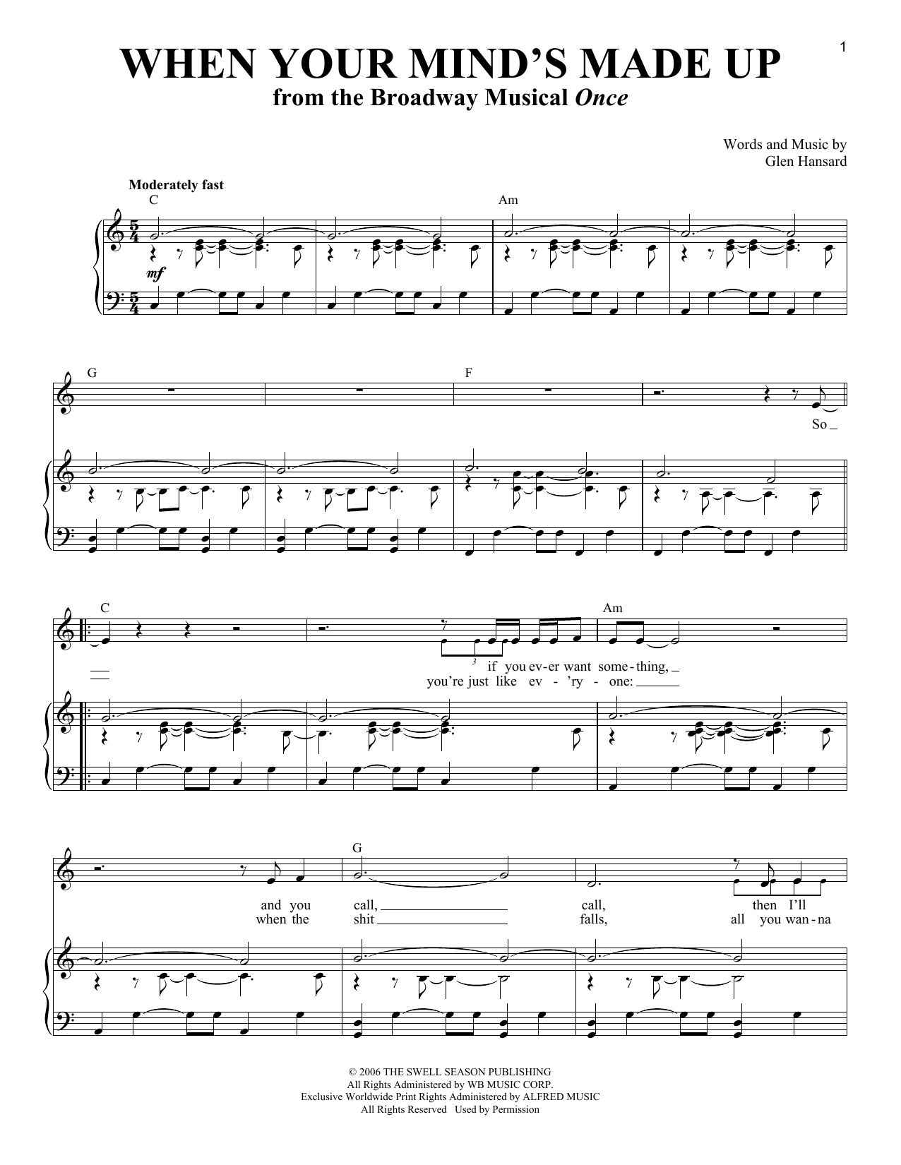 Glen Hansard When Your Mind's Made Up sheet music notes and chords arranged for Piano & Vocal