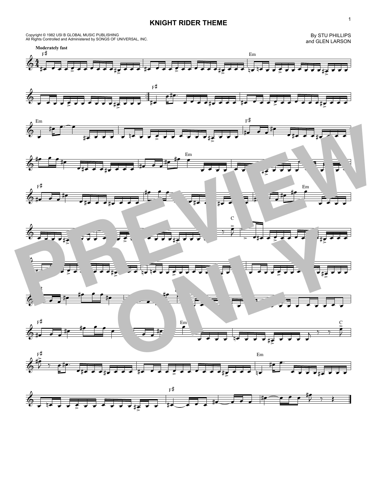 Stu Phillips Knight Rider Theme sheet music notes and chords arranged for Lead Sheet / Fake Book