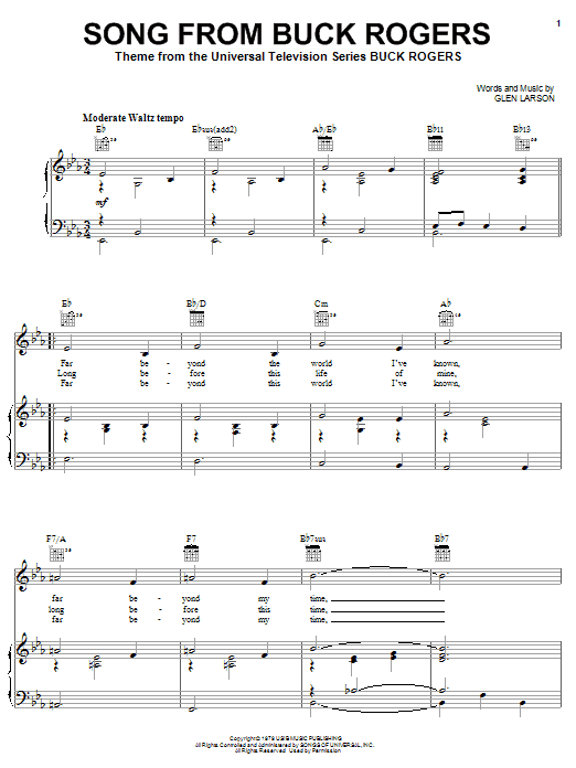 Glen Larson Song From Buck Rogers sheet music notes and chords arranged for Piano, Vocal & Guitar Chords (Right-Hand Melody)