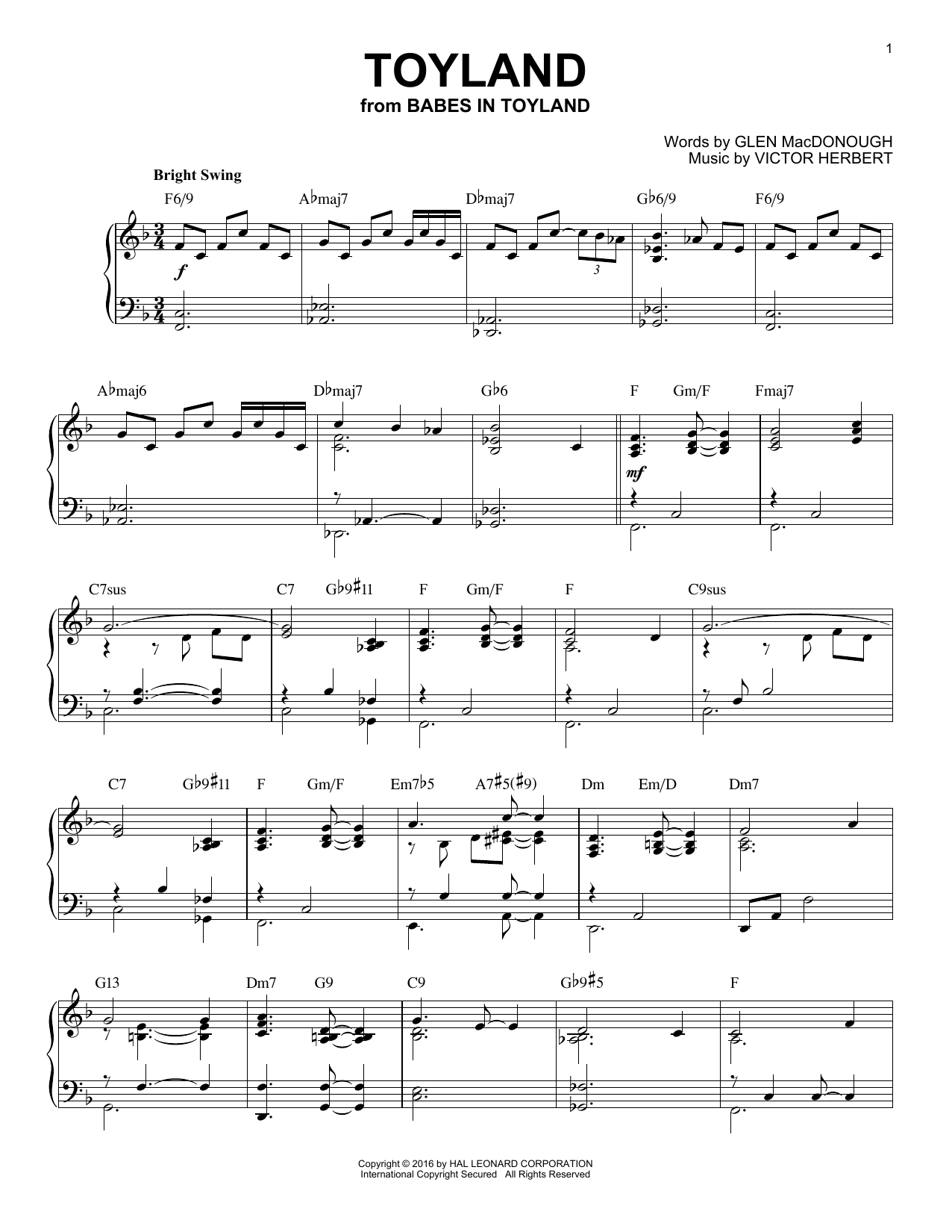 Glen MacDonough Toyland [Jazz version] (arr. Brent Edstrom) sheet music notes and chords arranged for Piano Solo