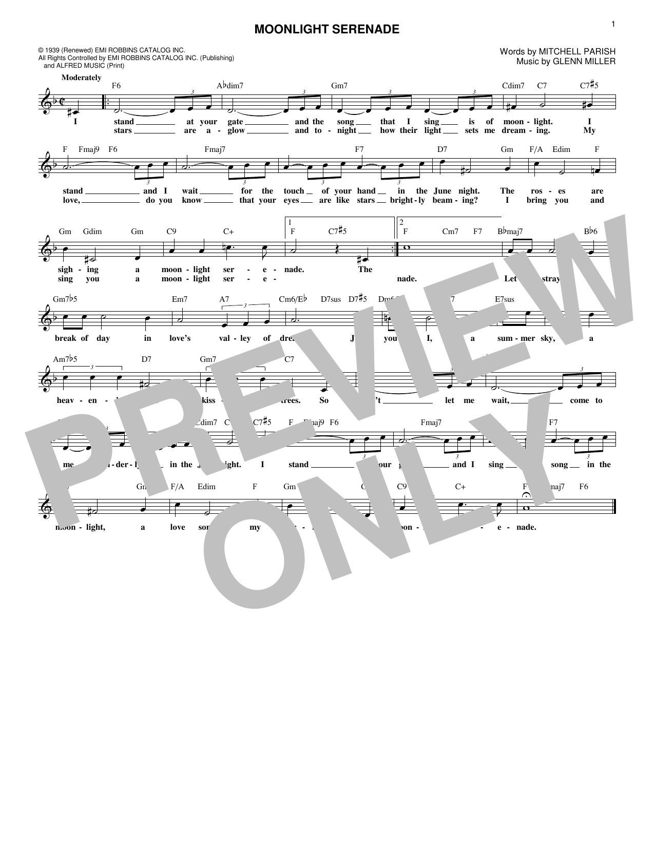 Glen Miller Moonlight Serenade sheet music notes and chords arranged for Lead Sheet / Fake Book
