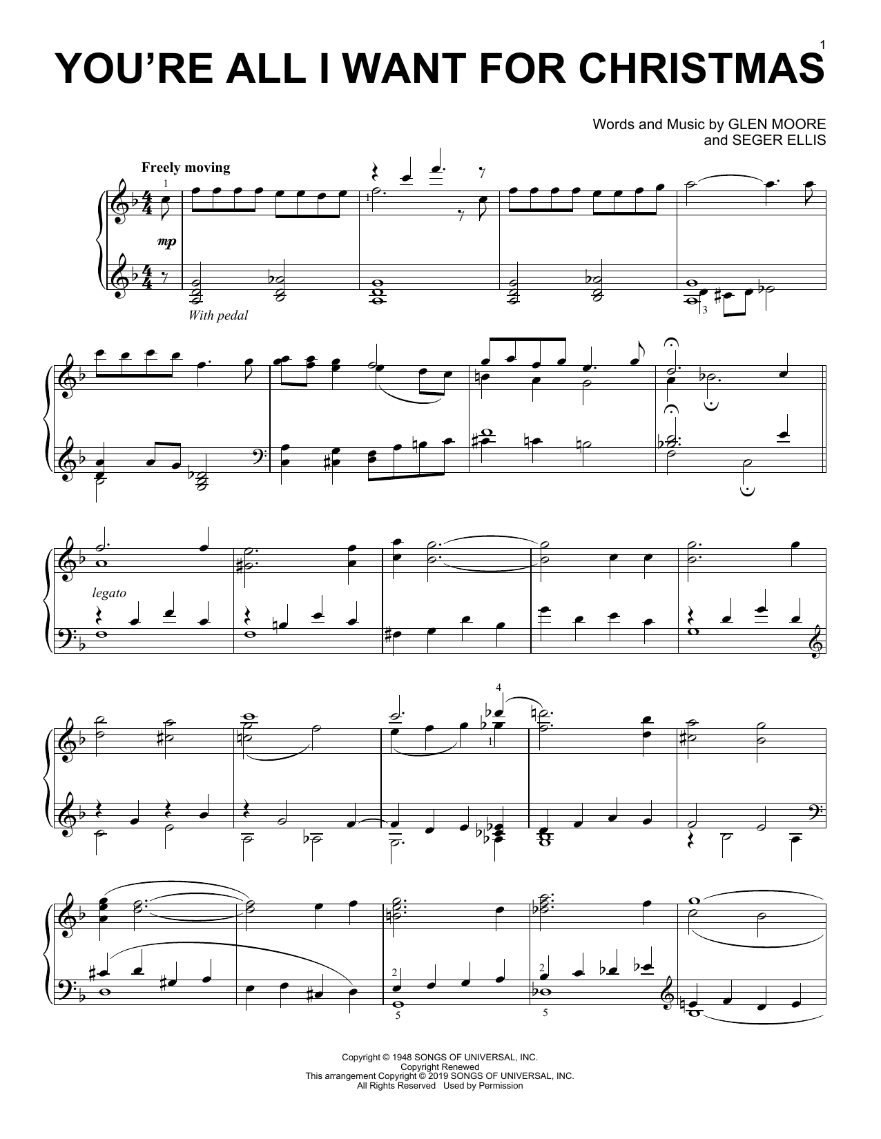 Glen Moore and Seger Ellis You're All I Want For Christmas sheet music notes and chords arranged for Piano Solo