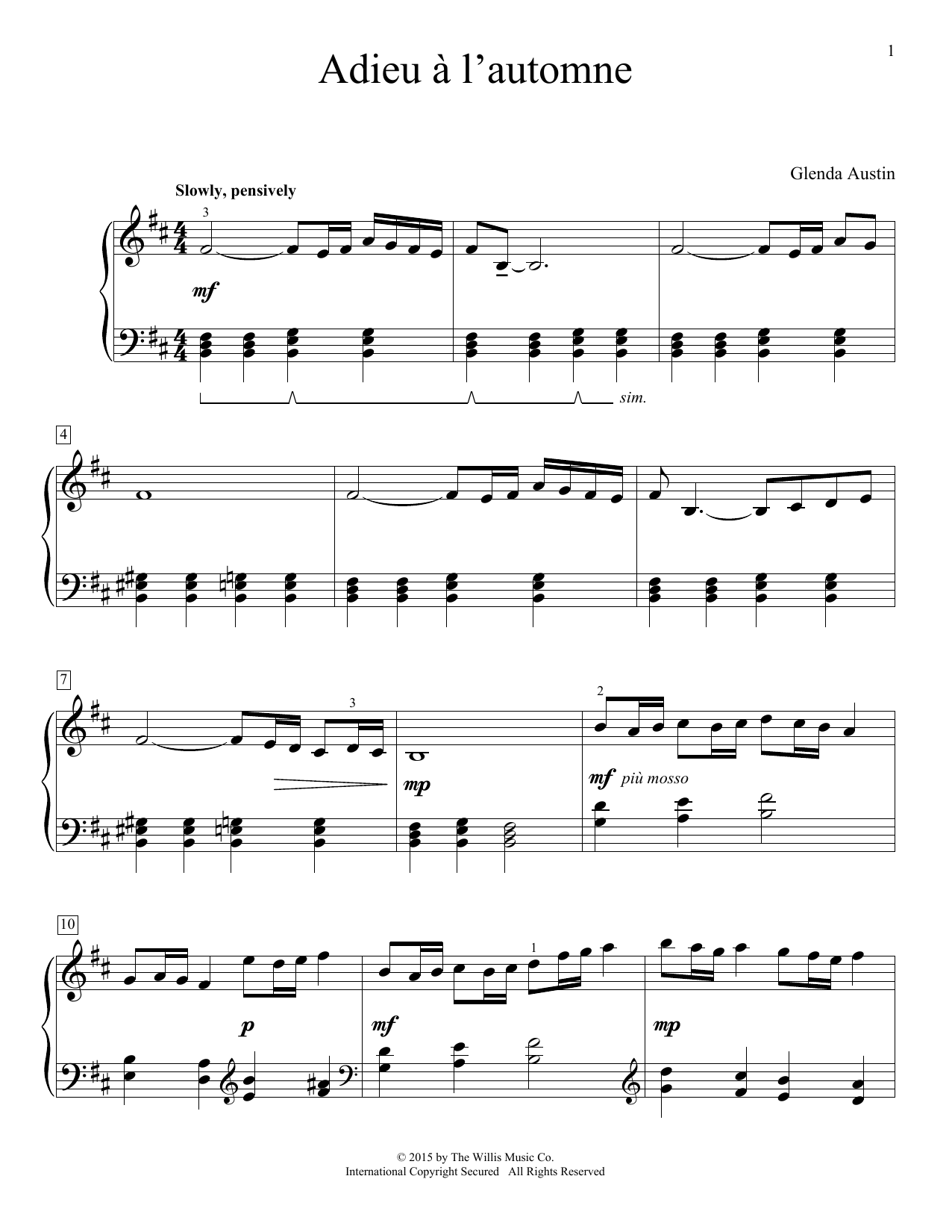 Glenda Austin Adieu A' L'automne sheet music notes and chords arranged for Educational Piano